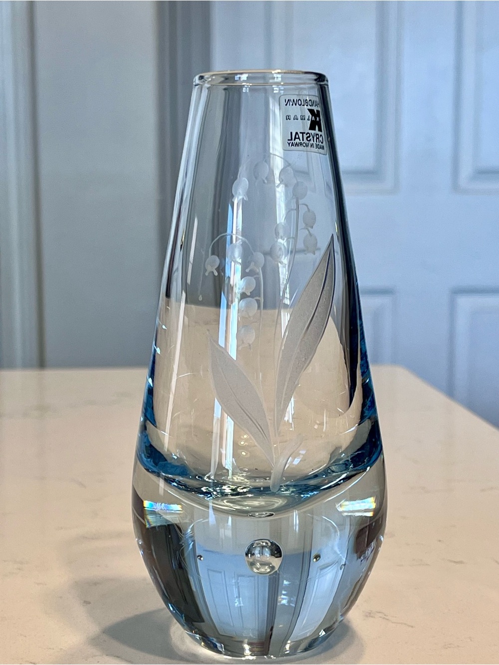 Vintage Scandinavian art glass bud vase hand blown etched Lily of the Valley 6”